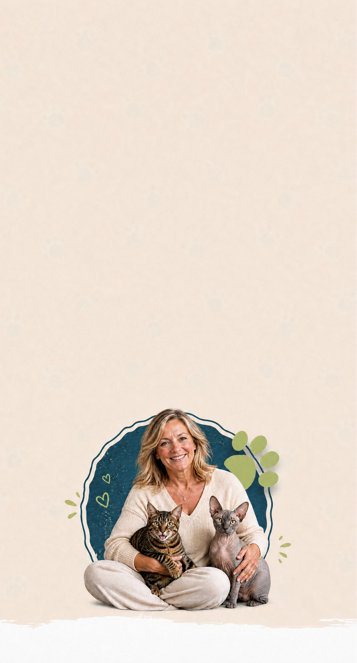 A woman sitting cross-legged on a cream background, holding two cats. She is wearing a cream-colored top and pants, and there is a decorative teal and green paw-print graphic behind her.